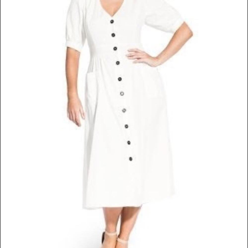 City Chic White Midi Button-Down V-Neck Dress